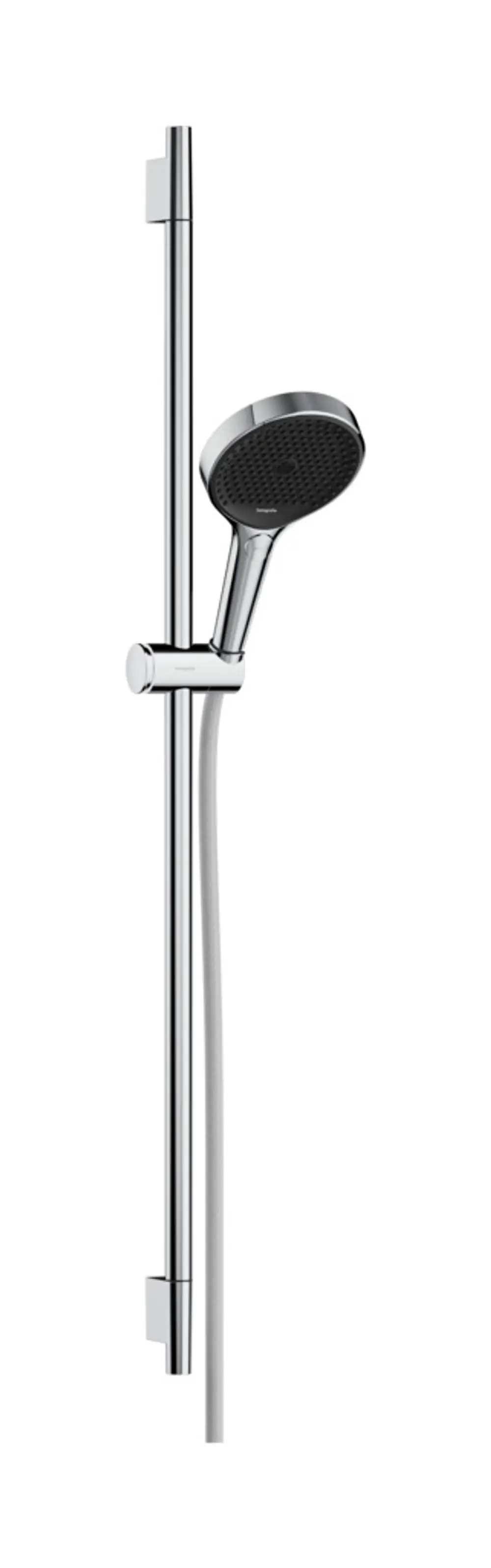 Hansgrohe Duschset bestehend aus einer Handbrause mit drei Strahlarten, einer Brausestange, einem Handbrausehalter und einem textilen Brauseschlauch in Chrom.